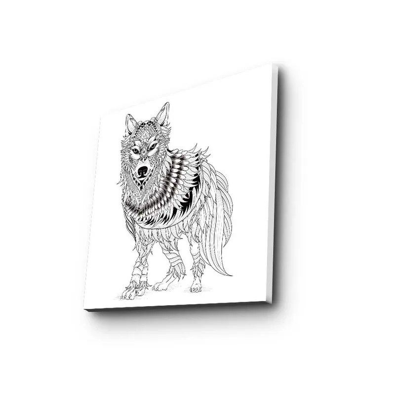 Lerretsbilde 45x45 cm - Detaljert illustrasjon av en ulv med fjær og ornamentale mønstre - Svart / Hvit - Interiør - Maleri & posters - Lerretsbilder