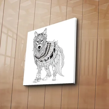 Lerretsbilde 45x45 cm - Detaljert illustrasjon av en ulv med fjær og ornamentale mønstre - Svart / Hvit - Interiør - Maleri & posters - Lerretsbilder