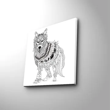 Lerretsbilde 45x45 cm - Detaljert illustrasjon av en ulv med fjær og ornamentale mønstre - Svart / Hvit - Interiør - Maleri & posters - Lerretsbilder