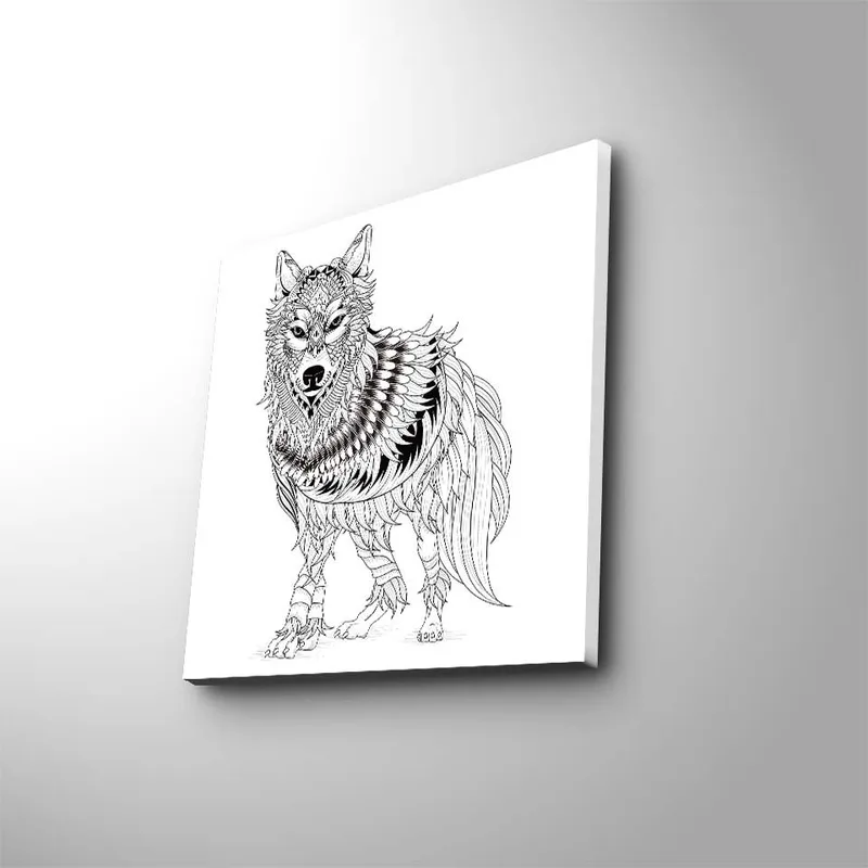 Lerretsbilde 45x45 cm - Detaljert illustrasjon av en ulv med fjær og ornamentale mønstre, Svart / Hvit