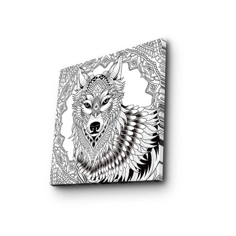 Lerretsbilde 45x45 cm - Detaljert illustrasjon av en ulv med ornamentale mønstre - Svart / Hvit - Interiør - Maleri & posters - Lerretsbilder