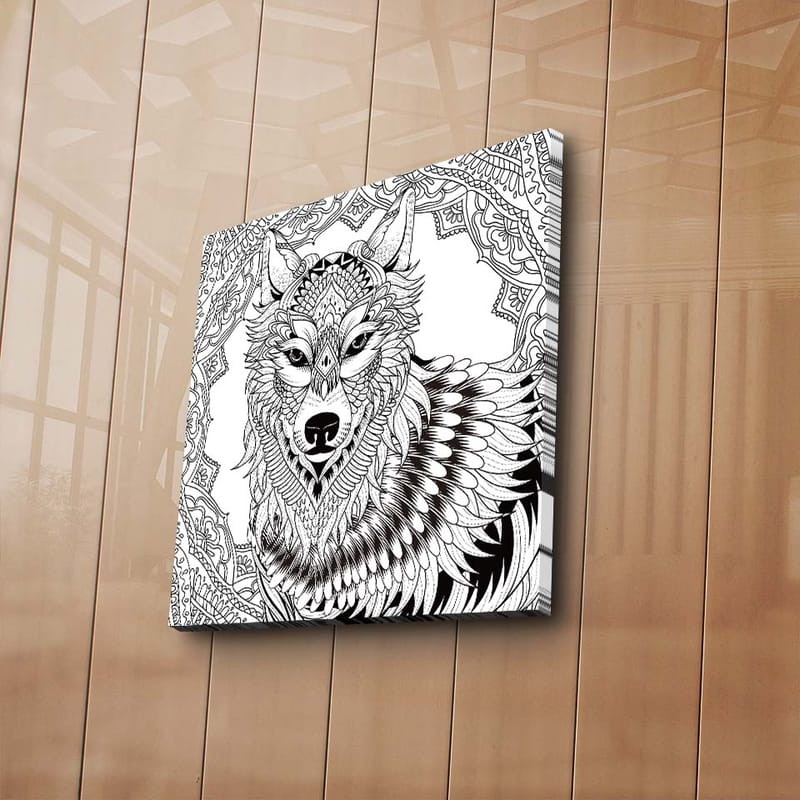 Lerretsbilde 45x45 cm - Detaljert illustrasjon av en ulv med ornamentale mønstre - Svart / Hvit - Interiør - Maleri & posters - Lerretsbilder