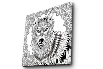 Lerretsbilde 45x45 cm - Detaljert illustrasjon av en ulv med ornamentale mønstre - Svart / Hvit - Interiør - Maleri & posters - Lerretsbilder