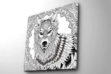Lerretsbilde 45x45 cm - Detaljert illustrasjon av en ulv med ornamentale mønstre - Svart / Hvit - Interiør - Maleri & posters - Lerretsbilder