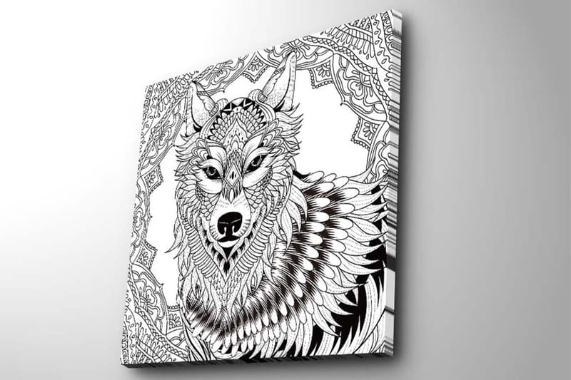 Lerretsbilde 45x45 cm - Detaljert illustrasjon av en ulv med ornamentale mønstre - Svart / Hvit - Interiør - Maleri & posters - Lerretsbilder