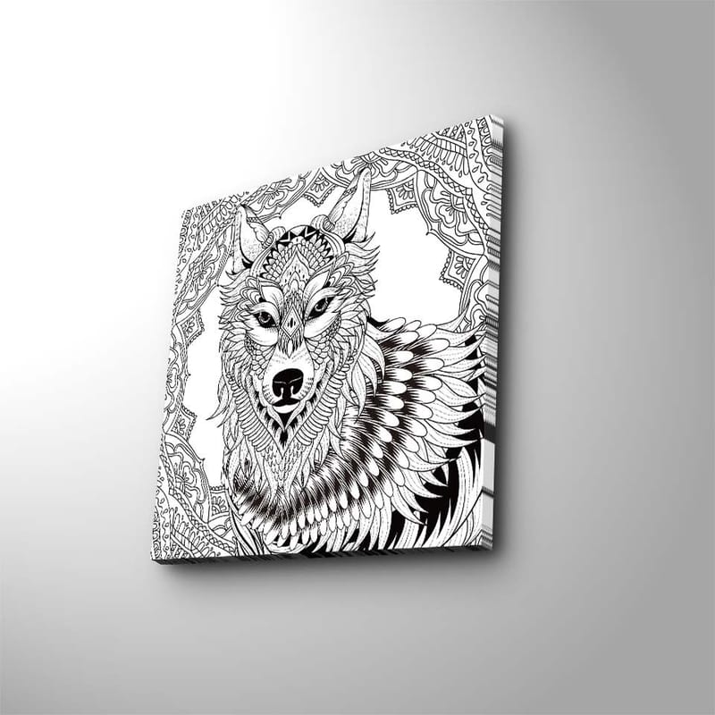 Lerretsbilde 45x45 cm - Detaljert illustrasjon av en ulv med ornamentale mønstre, Svart / Hvit