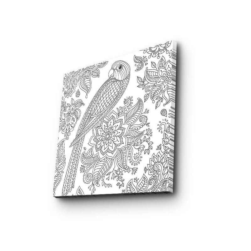 Lerretsbilde 45x45 cm - Detaljert illustrasjon av en papegøye omgitt av blomster og mønstre - Svart / Hvit - Interiør - Maleri & posters - Lerretsbilder
