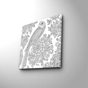 Lerretsbilde 45x45 cm - Detaljert illustrasjon av en papegøye omgitt av blomster og mønstre - Svart / Hvit - Interiør - Maleri & posters - Lerretsbilder