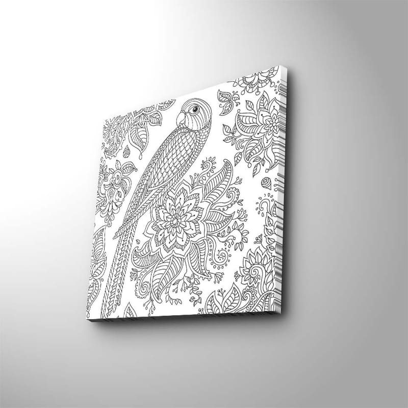 Lerretsbilde 45x45 cm - Detaljert illustrasjon av en papegøye omgitt av blomster og mønstre - Svart / Hvit - Interiør - Maleri & posters - Lerretsbilder