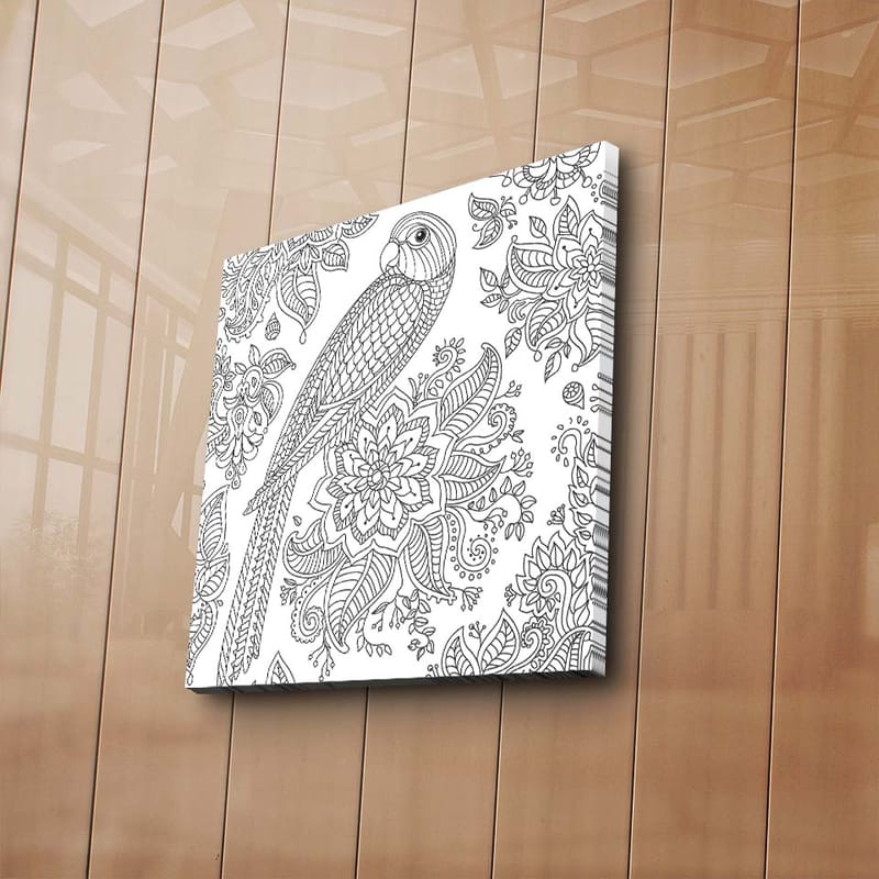 Lerretsbilde 45x45 cm - Detaljert illustrasjon av en papegøye omgitt av blomster og mønstre, Svart / Hvit