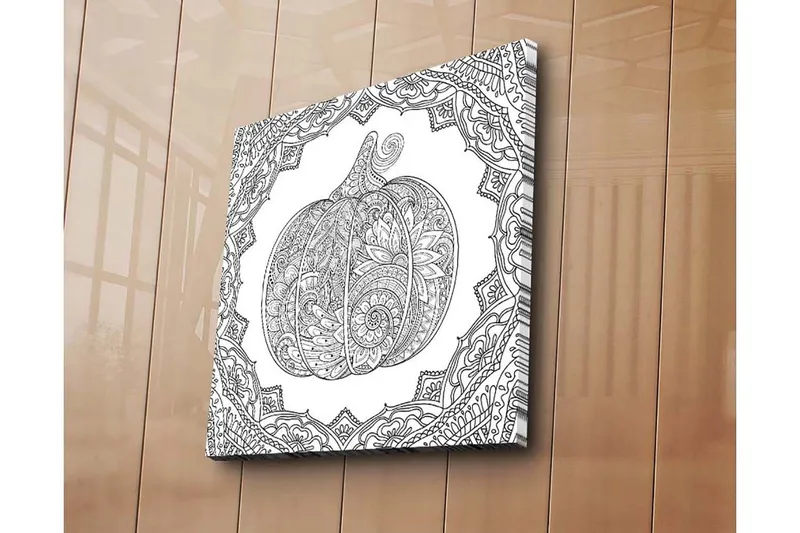 Lerretsbilde 45x45 cm - Detaljert illustrasjon av et gresskar omgitt av ornamentale mønstre - Svart / Hvit - Interiør - Maleri & posters - Lerretsbilder