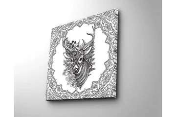 Lerretsbilde 45x45 cm - Detaljert illustrasjon av et hjortehode omgitt av ornamentale mønstre - Svart / Hvit - Interiør - Maleri & posters - Lerretsbilder