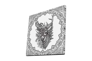 Lerretsbilde 45x45 cm - Detaljert illustrasjon av et hjortehode omgitt av ornamentale mønstre - Svart / Hvit - Interiør - Maleri & posters - Lerretsbilder
