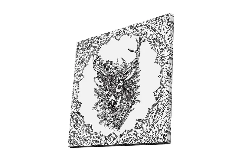 Lerretsbilde 45x45 cm - Detaljert illustrasjon av et hjortehode omgitt av ornamentale mønstre, Svart / Hvit