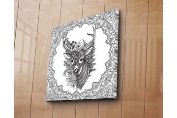 Lerretsbilde 45x45 cm - Detaljert illustrasjon av et hjortehode omgitt av ornamentale mønstre - Svart / Hvit - Interiør - Maleri & posters - Lerretsbilder