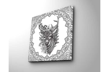 Lerretsbilde 45x45 cm - Detaljert illustrasjon av et hjortehode omgitt av ornamentale mønstre - Svart / Hvit - Interiør - Maleri & posters - Lerretsbilder