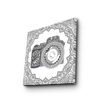 Lerretsbilde 45x45 cm - Detaljert illustrasjon av et kamera omgitt av ornamentale mønstre - Svart / Hvit - Interiør - Maleri & posters - Lerretsbilder