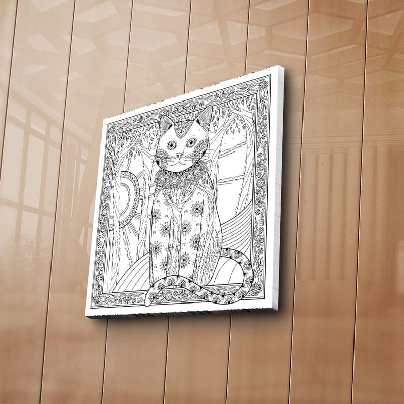 Lerretsbilde 45x45 cm - Detaljert katt med mønstre og ornamenter - Svart / Hvit - Interiør - Maleri & posters - Lerretsbilder
