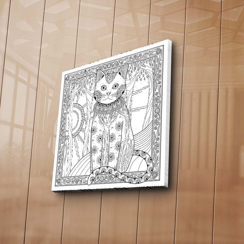 Lerretsbilde 45x45 cm - Detaljert katt med mønstre og ornamenter - Svart / Hvit - Interiør - Maleri & posters - Lerretsbilder