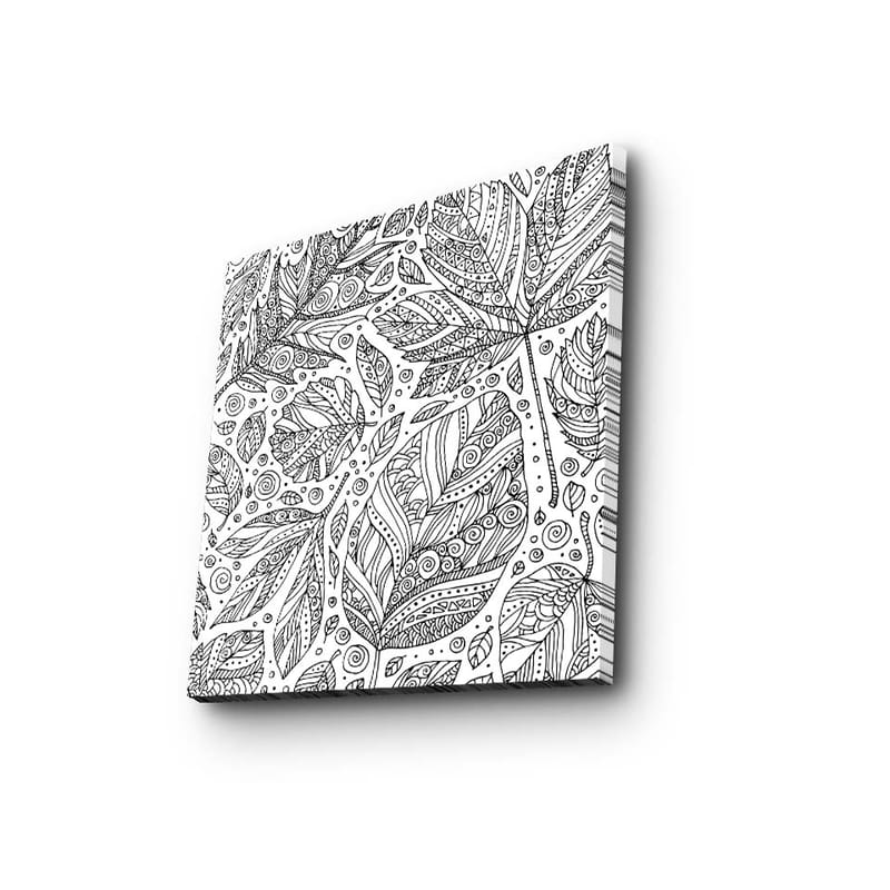 Lerretsbilde 45x45 cm - Detaljert komposisjon av blader med mønstre og linjer - Svart / Hvit - Interiør - Maleri & posters - Lerretsbilder