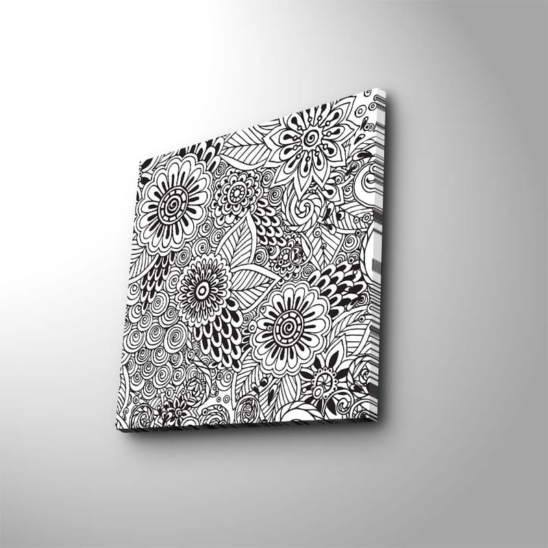 Lerretsbilde 45x45 cm - Detaljert komposisjon av blomster og spiraler - Svart / Hvit - Interiør - Maleri & posters - Lerretsbilder