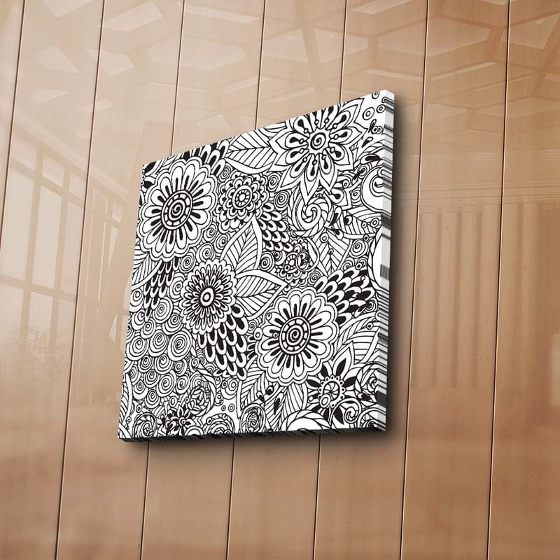 Lerretsbilde 45x45 cm - Detaljert komposisjon av blomster og spiraler - Svart / Hvit - Interiør - Maleri & posters - Lerretsbilder