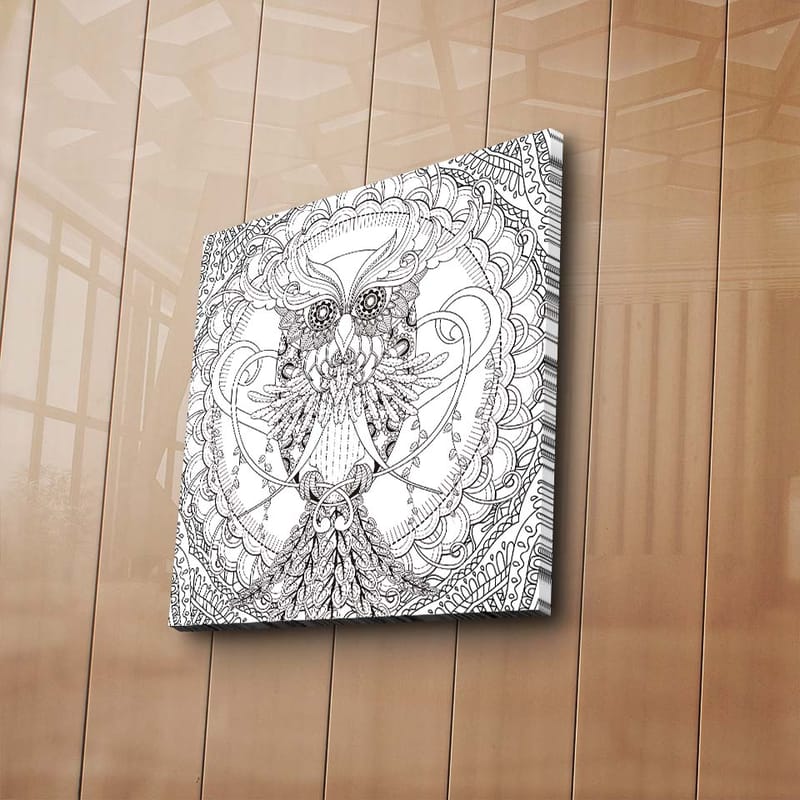 Lerretsbilde 45x45 cm - Detaljert og stilisert ugle omgitt av ornamentale mønstre - Svart / Hvit - Interiør - Maleri & posters - Lerretsbilder