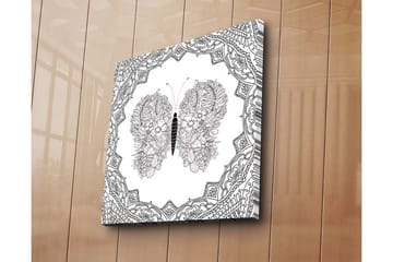Lerretsbilde 45x45 cm - Detaljert sommerfugl med blomstermønster i symmetrisk komposisjon - Svart / Hvit - Interiør - Maleri & posters - Lerretsbilder