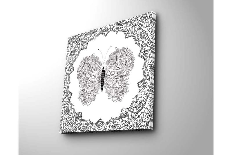Lerretsbilde 45x45 cm - Detaljert sommerfugl med blomstermønster i symmetrisk komposisjon - Svart / Hvit - Interiør - Maleri & posters - Lerretsbilder