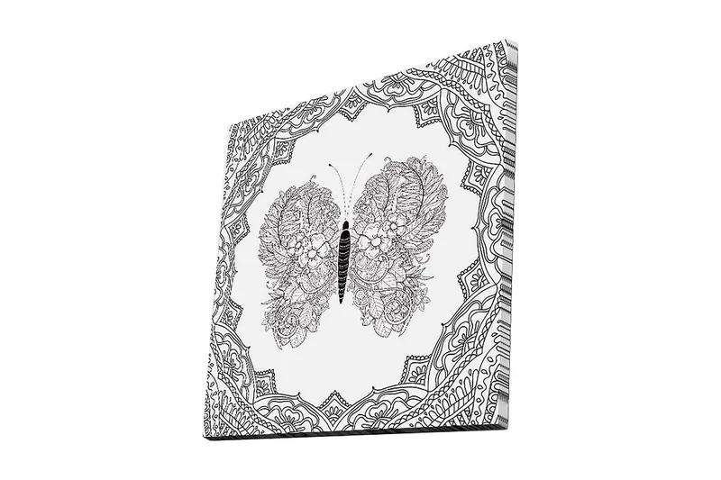 Lerretsbilde 45x45 cm - Detaljert sommerfugl med blomstermønster i symmetrisk komposisjon, Svart / Hvit