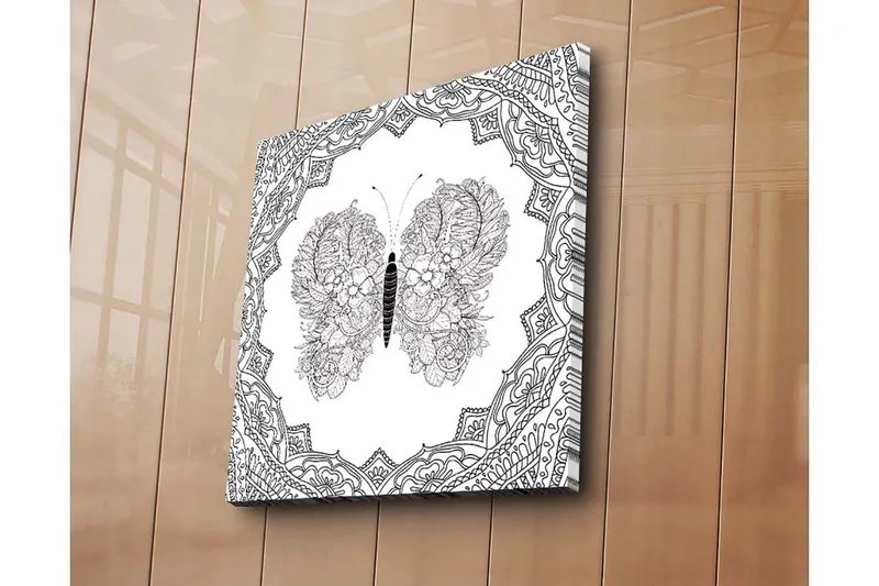 Lerretsbilde 45x45 cm - Detaljert sommerfugl med blomstermønster og ornamentikk - Svart / Hvit - Interiør - Maleri & posters - Lerretsbilder