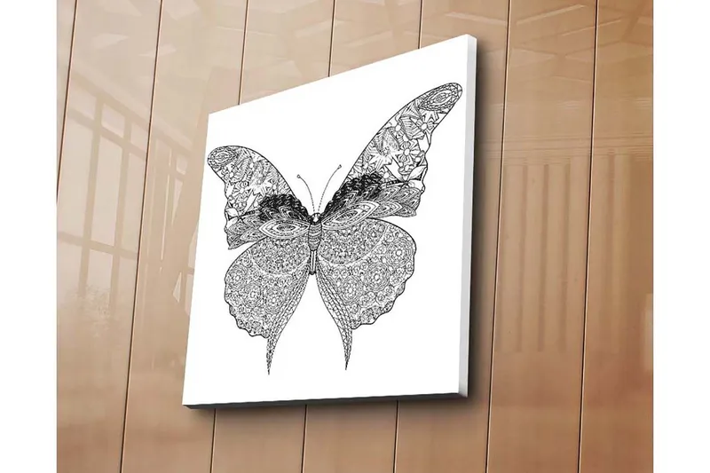 Lerretsbilde 45x45 cm - Detaljert sommerfugl med intrikate mønstre, Svart / Hvit