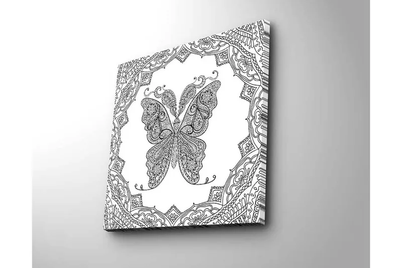Lerretsbilde 45x45 cm - Detaljert sommerfugl med ornamentale mønstre - Svart / Hvit - Interiør - Maleri & posters - Lerretsbilder
