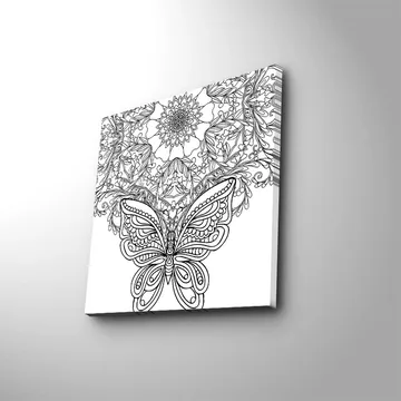 Lerretsbilde 45x45 cm - Detaljert sommerfugl omgitt av blomster og mønstre - Svart / Hvit - Interiør - Maleri & posters - Lerretsbilder
