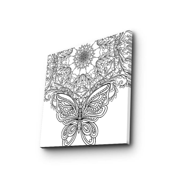 Lerretsbilde 45x45 cm - Detaljert sommerfugl omgitt av blomster og mønstre - Svart / Hvit - Interiør - Maleri & posters - Lerretsbilder
