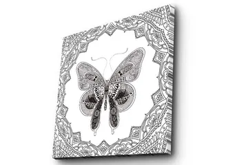 Lerretsbilde 45x45 cm - Detaljert sommerfugl omgitt av ornamentale mønstre - Svart / Hvit - Interiør - Maleri & posters - Lerretsbilder
