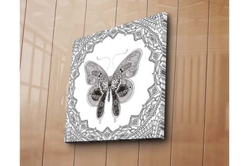Lerretsbilde 45x45 cm - Detaljert sommerfugl omgitt av ornamentale mønstre - Svart / Hvit - Interiør - Maleri & posters - Lerretsbilder