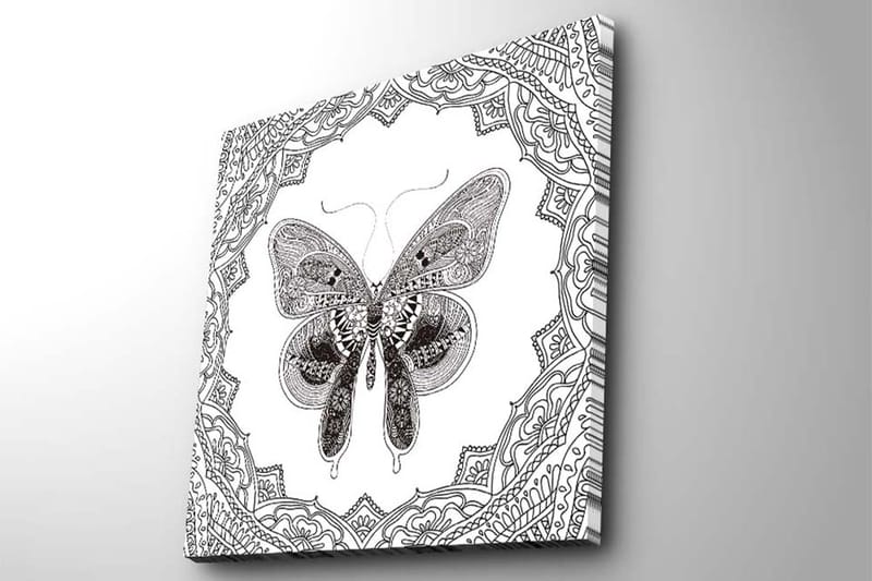 Lerretsbilde 45x45 cm - Detaljert sommerfugl omgitt av ornamentale mønstre - Svart / Hvit - Interiør - Maleri & posters - Lerretsbilder
