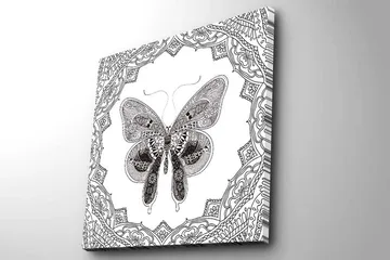 Lerretsbilde 45x45 cm - Detaljert sommerfugl omgitt av ornamentale mønstre - Svart / Hvit - Interiør - Maleri & posters - Lerretsbilder