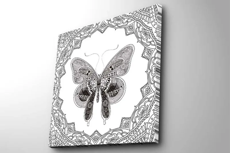 Lerretsbilde 45x45 cm - Detaljert sommerfugl omgitt av ornamentale mønstre - Svart / Hvit - Interiør - Maleri & posters - Lerretsbilder