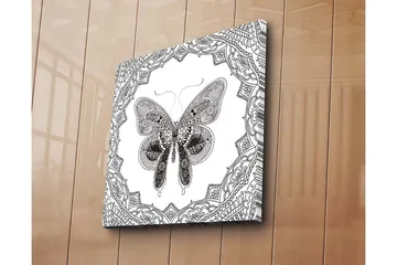 Lerretsbilde 45x45 cm - Detaljert sommerfugl omgitt av ornamentale mønstre - Svart / Hvit - Interiør - Maleri & posters - Lerretsbilder
