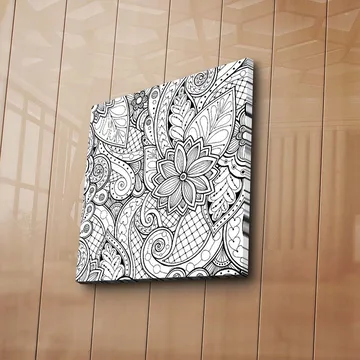 Lerretsbilde 45x45 cm - Detaljert svart-hvitt mønsterdesign med blomster og buede linjer - Svart / Hvit - Interiør - Maleri & posters - Lerretsbilder