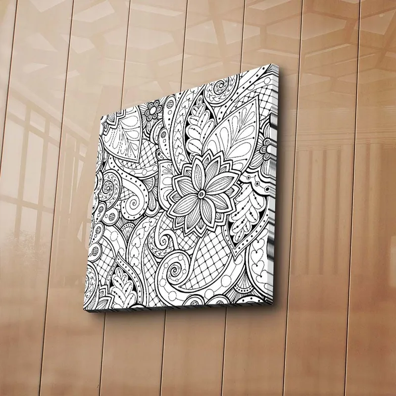 Lerretsbilde 45x45 cm - Detaljert svart-hvitt mønsterdesign med blomster og buede linjer - Svart / Hvit - Interiør - Maleri & posters - Lerretsbilder