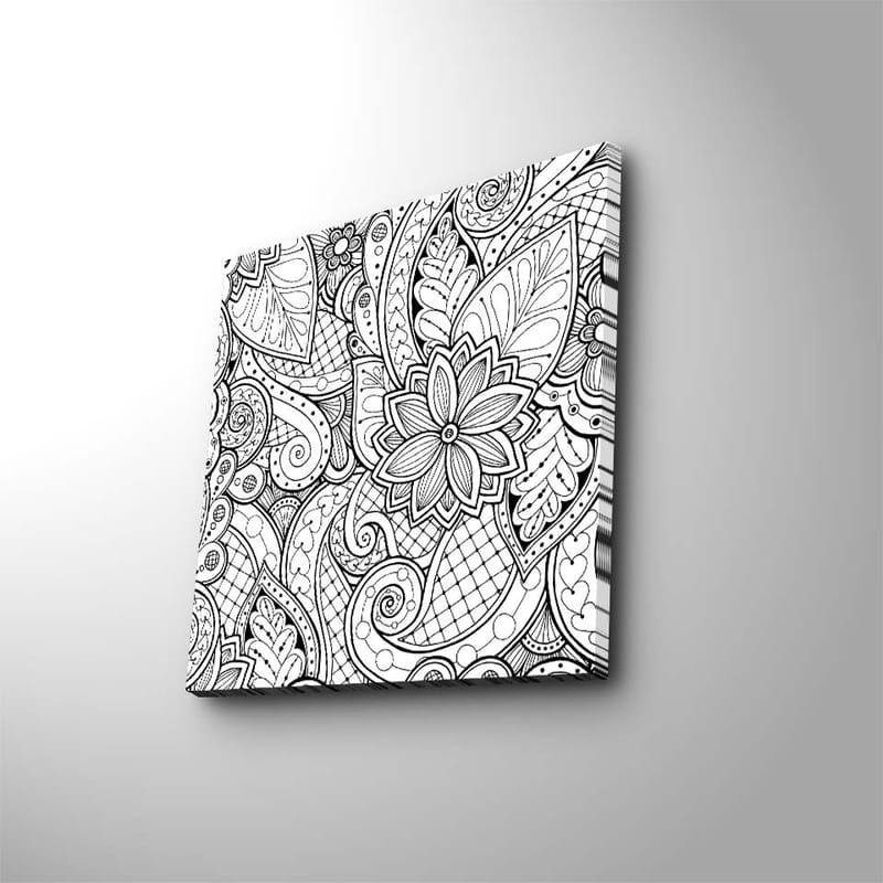 Lerretsbilde 45x45 cm - Detaljert svart-hvitt mønsterdesign med blomster og buede linjer - Svart / Hvit - Interiør - Maleri & posters - Lerretsbilder