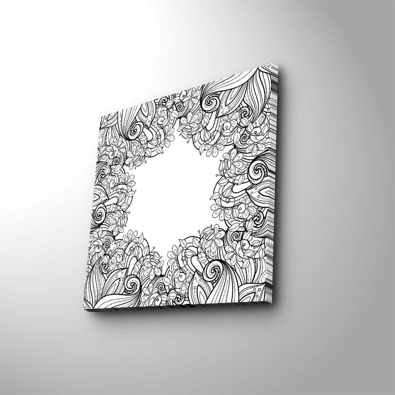 Lerretsbilde 45x45 cm - Detaljert svart-hvitt mønsterkomposisjon med blomster og buede linjer - Svart / Hvit - Interiør - Maleri & posters - Lerretsbilder