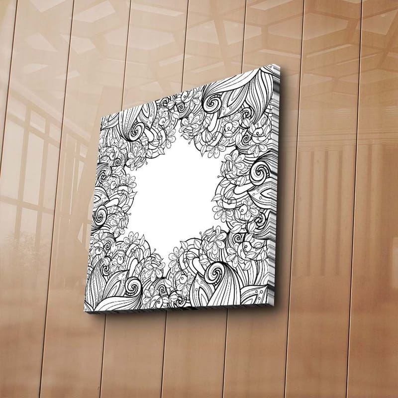 Lerretsbilde 45x45 cm - Detaljert svart-hvitt mønsterkomposisjon med blomster og buede linjer - Svart / Hvit - Interiør - Maleri & posters - Lerretsbilder