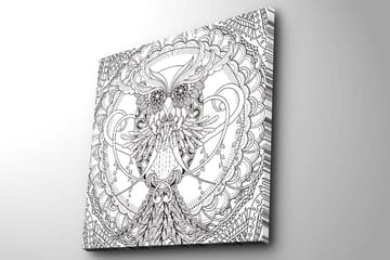 Lerretsbilde 45x45 cm - Detaljert svart-hvitt ugle med intrikate mønstre - Svart / Hvit - Interiør - Maleri & posters - Lerretsbilder