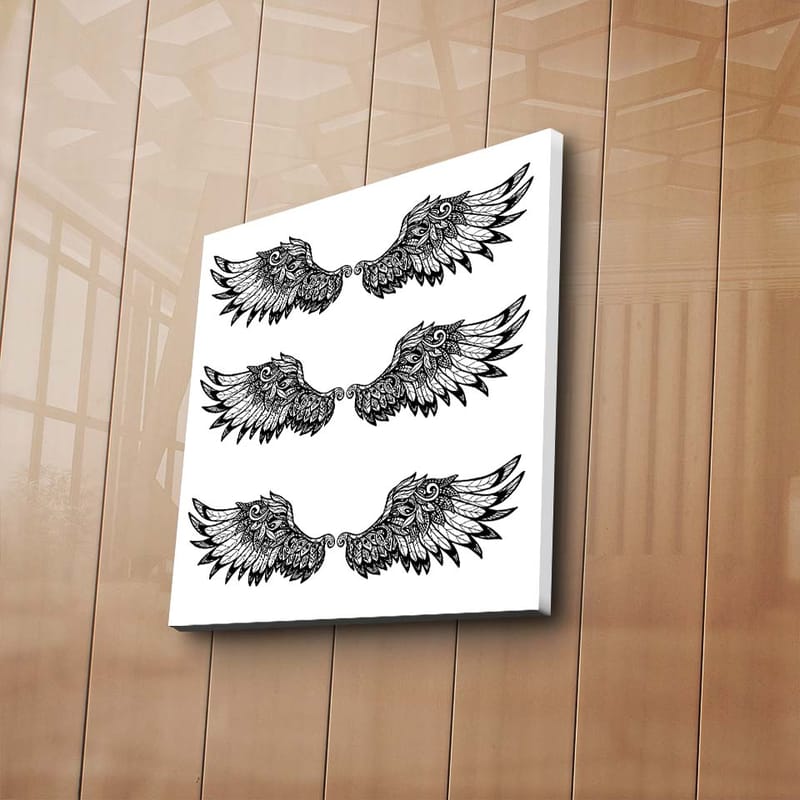 Lerretsbilde 45x45 cm - Detaljerte fjær i en symmetrisk komposisjon av vinger - Svart / Hvit - Interiør - Maleri & posters - Lerretsbilder