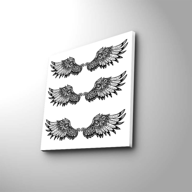 Lerretsbilde 45x45 cm - Detaljerte fjær i en symmetrisk komposisjon av vinger, Svart / Hvit