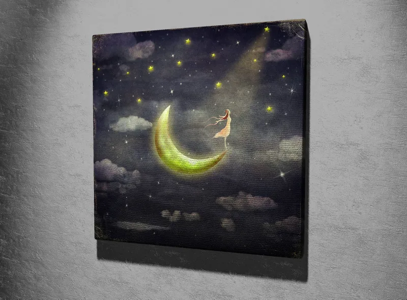 Lerretsbilde 45x45 cm - Drømmeaktig scene med en kvinne som står på en måne i stjerneklar natt - Mørk blå / Grønn / Hvit - Interiør - Maleri & posters - Lerretsbilder